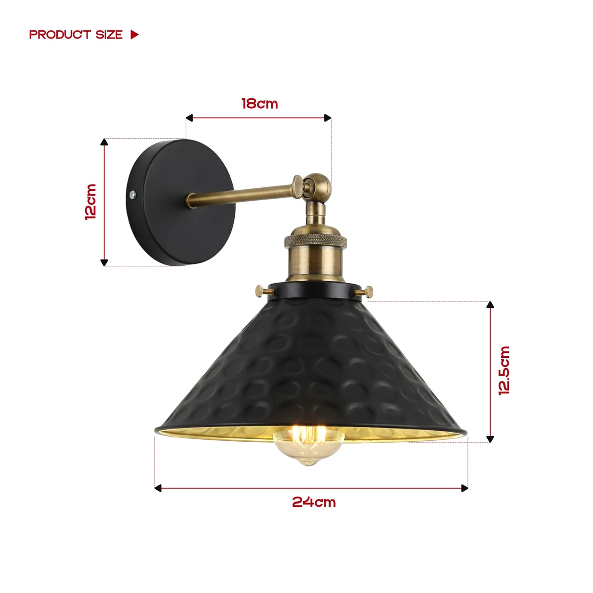 Black vintage metal adjustable wall light with 180-degree swivel head and cone lampshade for indoor use