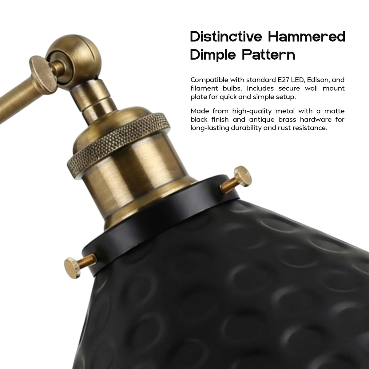 Black metal sconce with adjustable 180-degree swivel head and vintage industrial cone lampshade on wall mount