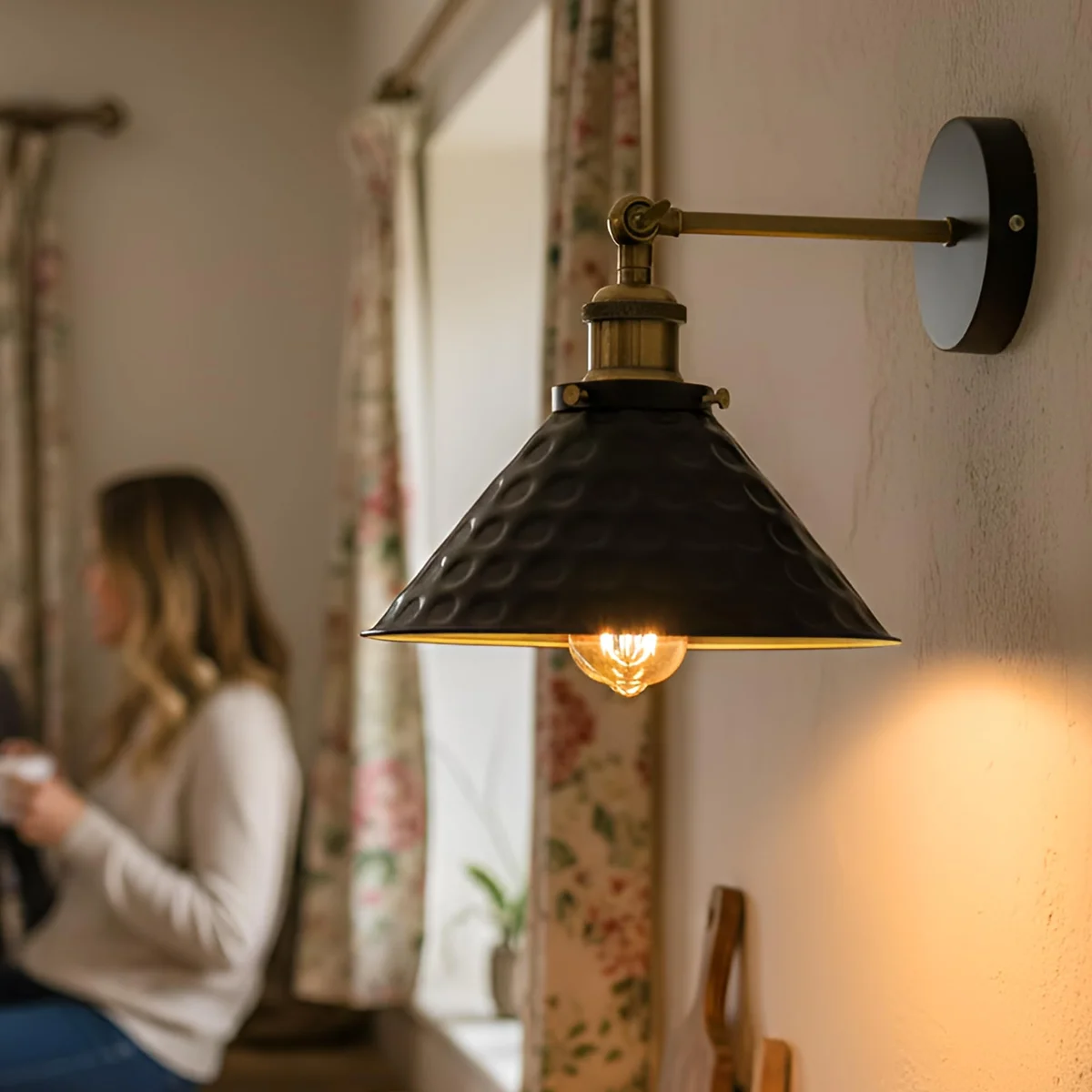 Black vintage metal wall sconce with adjustable arm and cone shade, compatible with E27 bulb wall light fittings