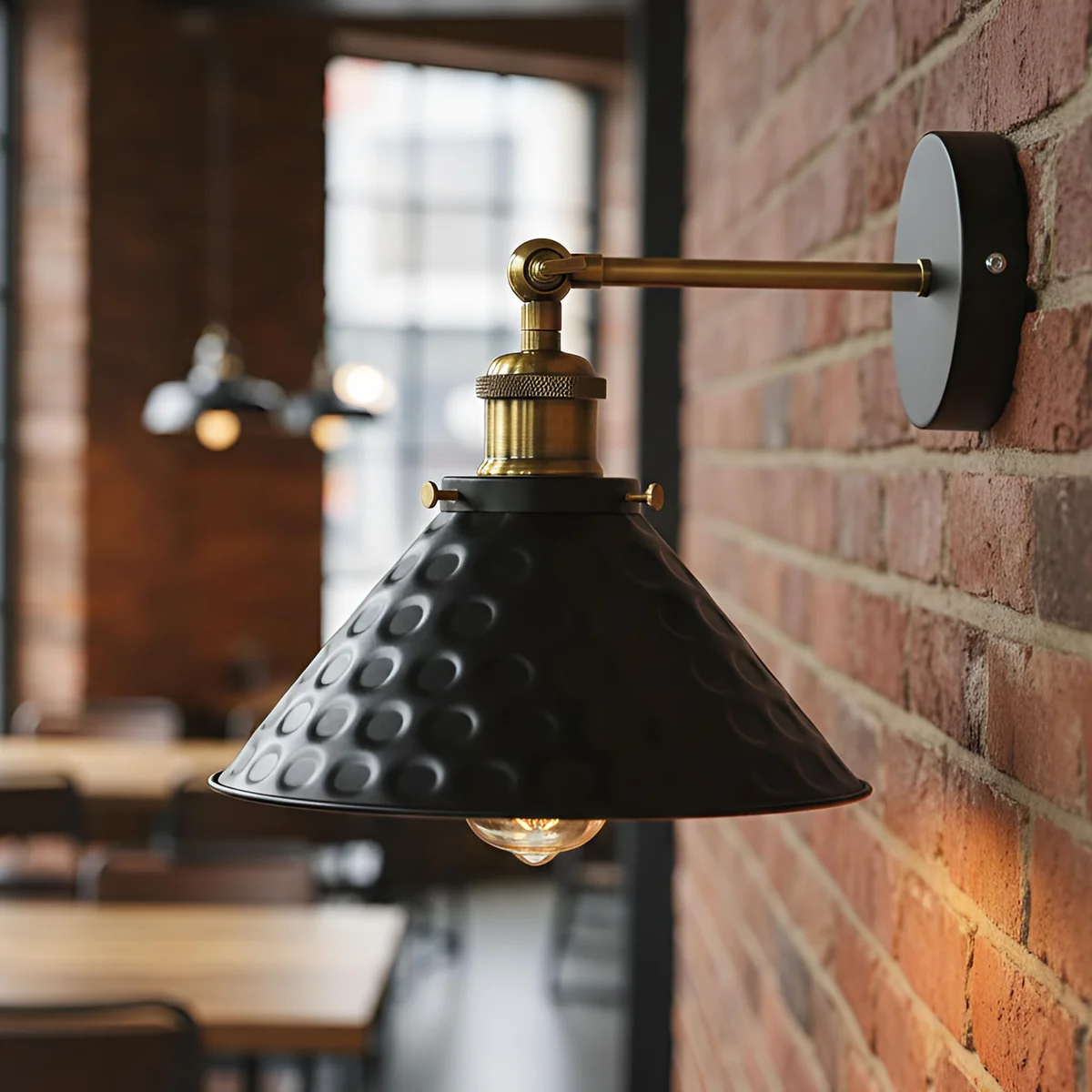 Black metal wall sconce with adjustable 180-degree swivel head, vintage cone shade, antique style lighting fixture