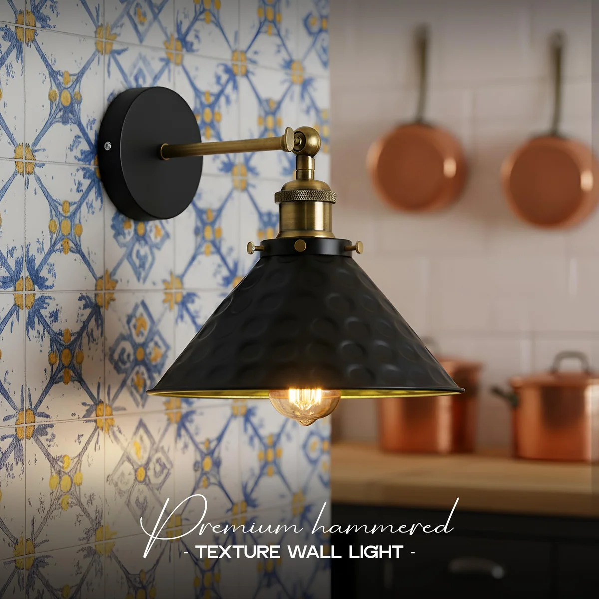 Black vintage wall sconce with adjustable metal cone shade and antique copper finish mounted on a wall