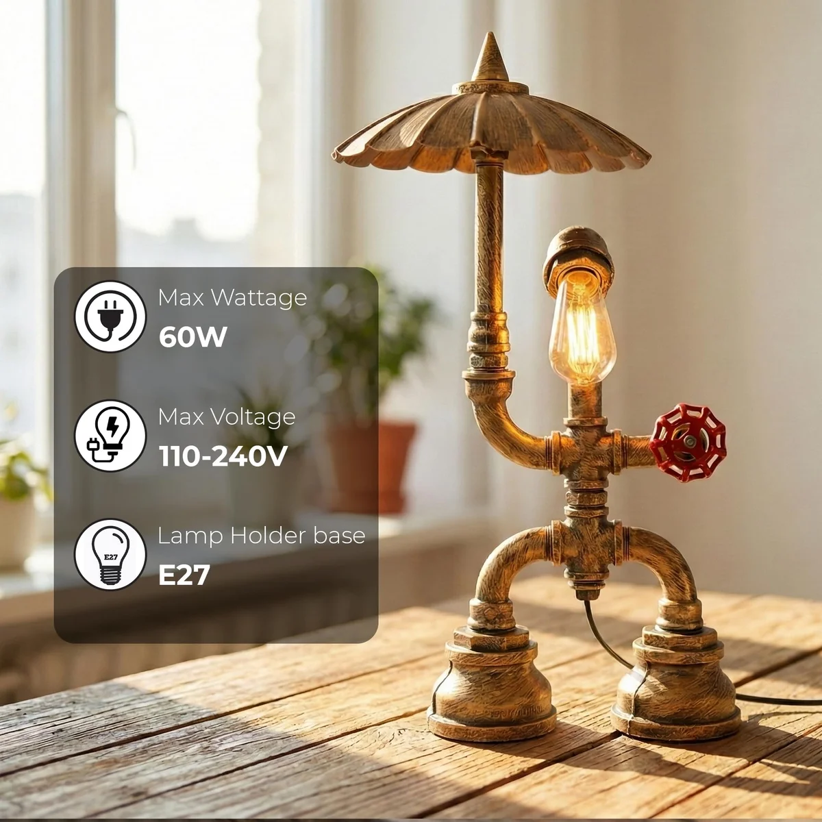 Steampunk table lamp with black metal water pipe design, red valve, and umbrella-style lampshade on a wooden table