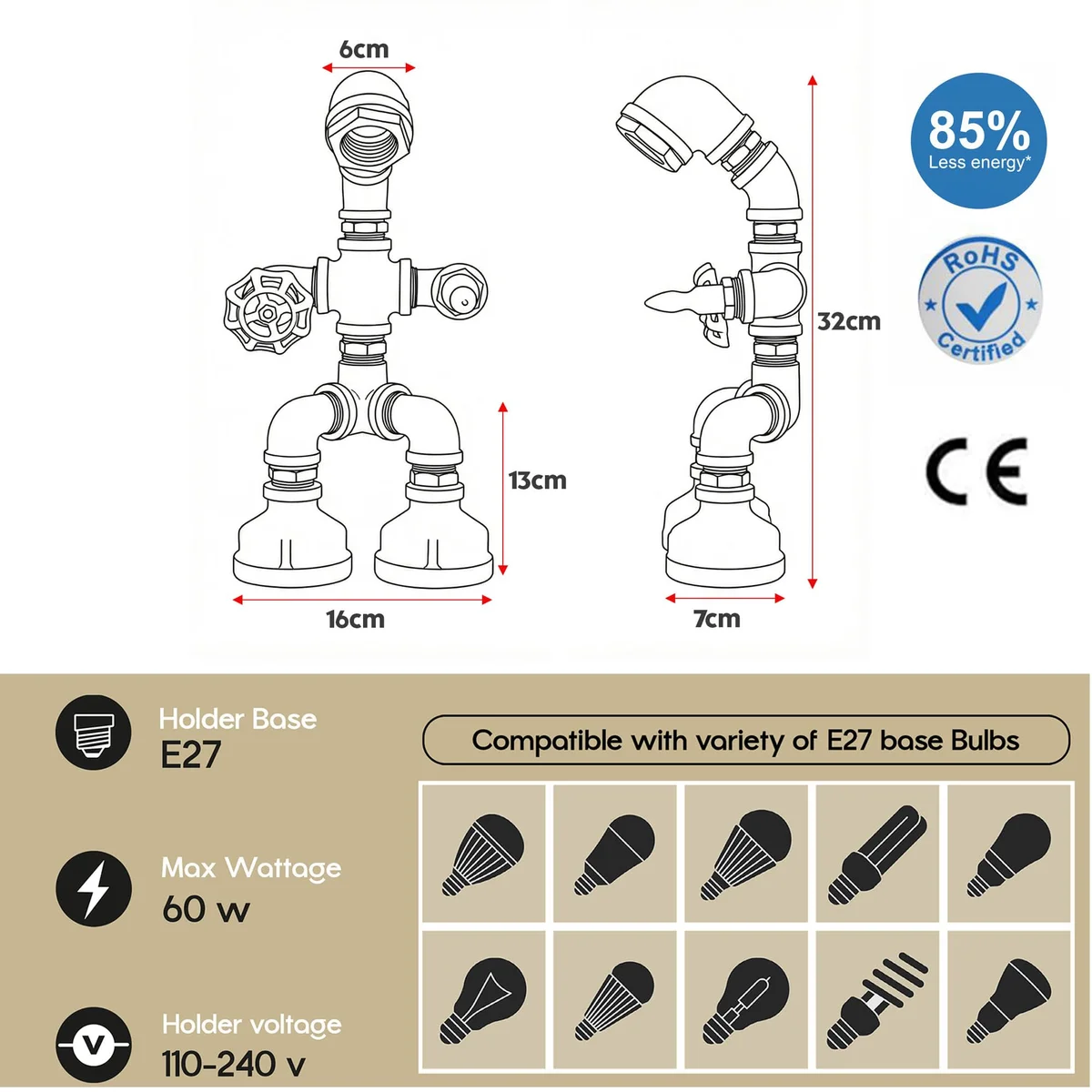 Steampunk industrial water pipe E27 bulb table lamp with black metal shade and red valve on wooden surface