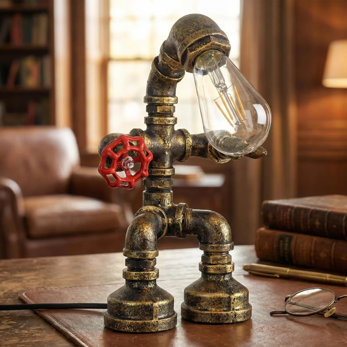 Metal steampunk lamp with weathered bronze finish, red valve, and black umbrella-style shade on wooden table