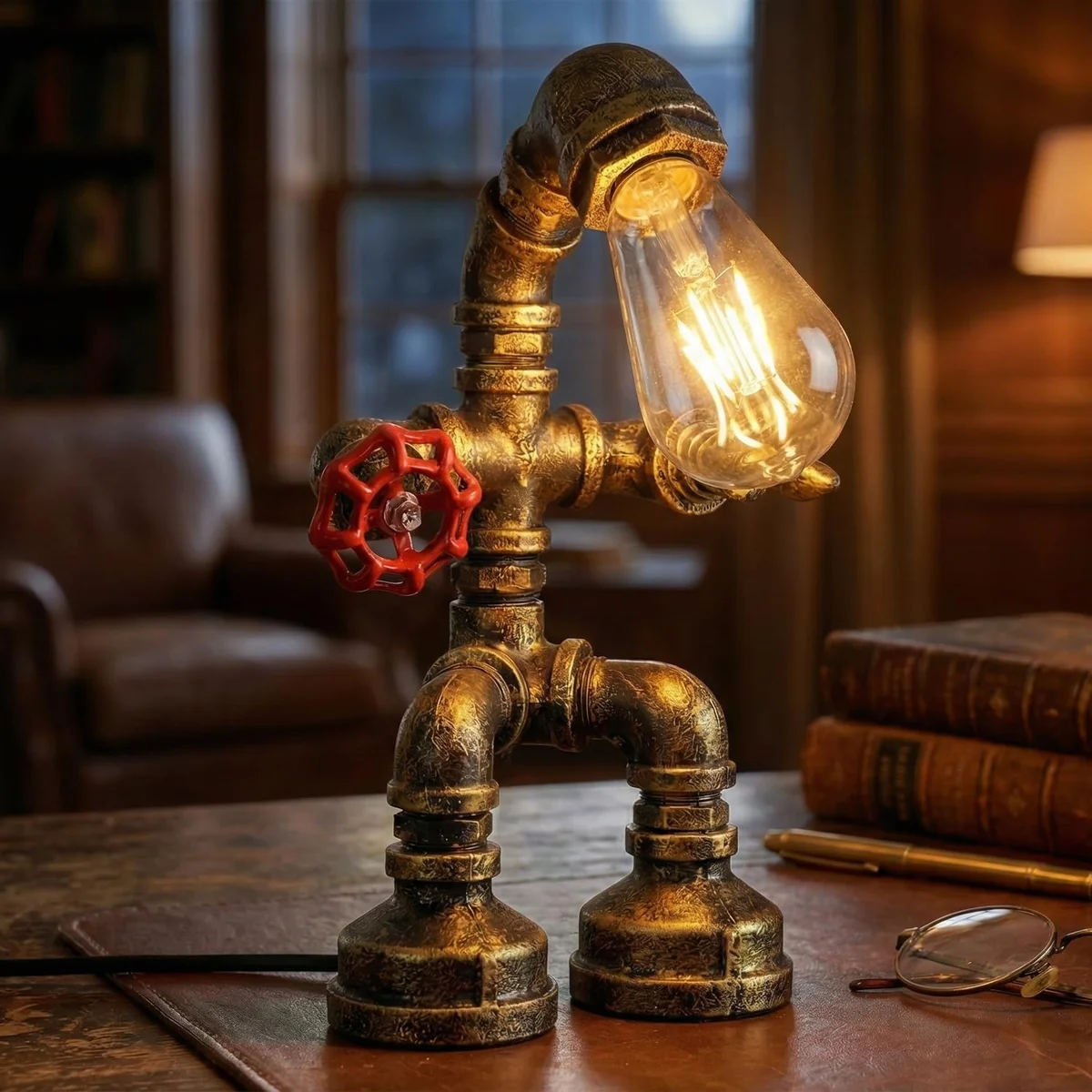 Steampunk industrial style lamp with black metal pipes, red valve, and umbrella-style shade on wooden desk background