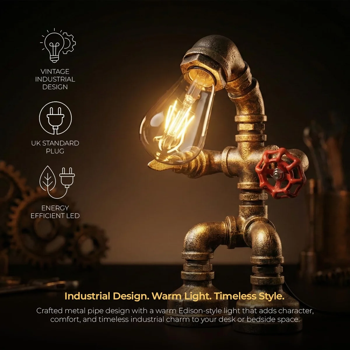 Steampunk table lamp with black metal water pipe base, red valve, and umbrella-style lampshade on wooden table