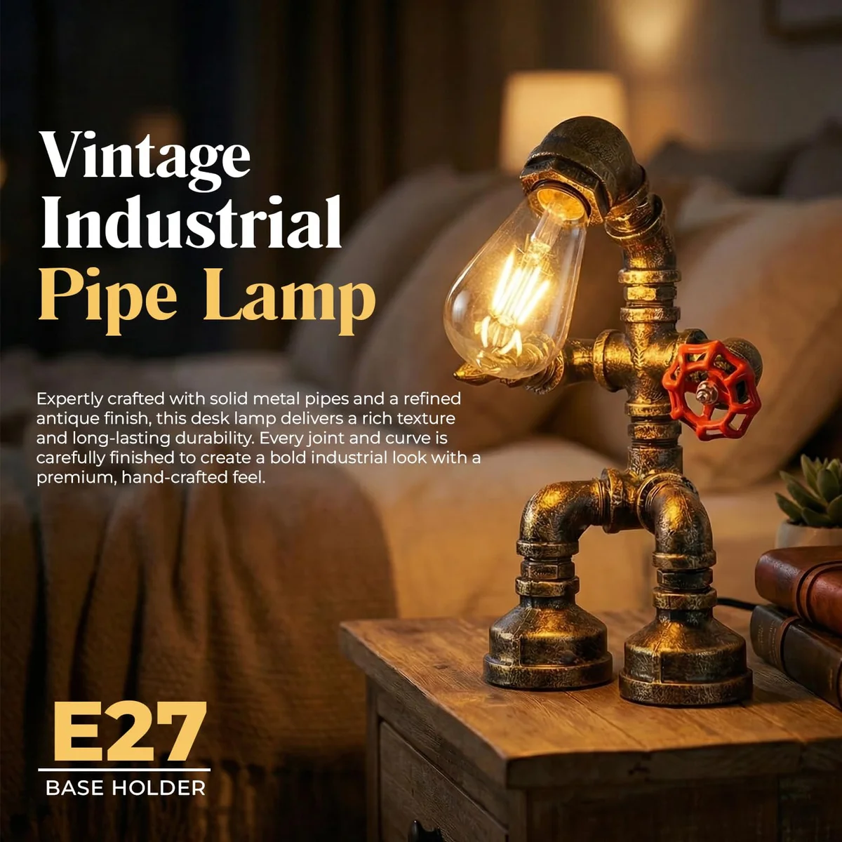 Steampunk table lamp with black metal water pipe base, red valve, and umbrella-style lampshade on wooden table