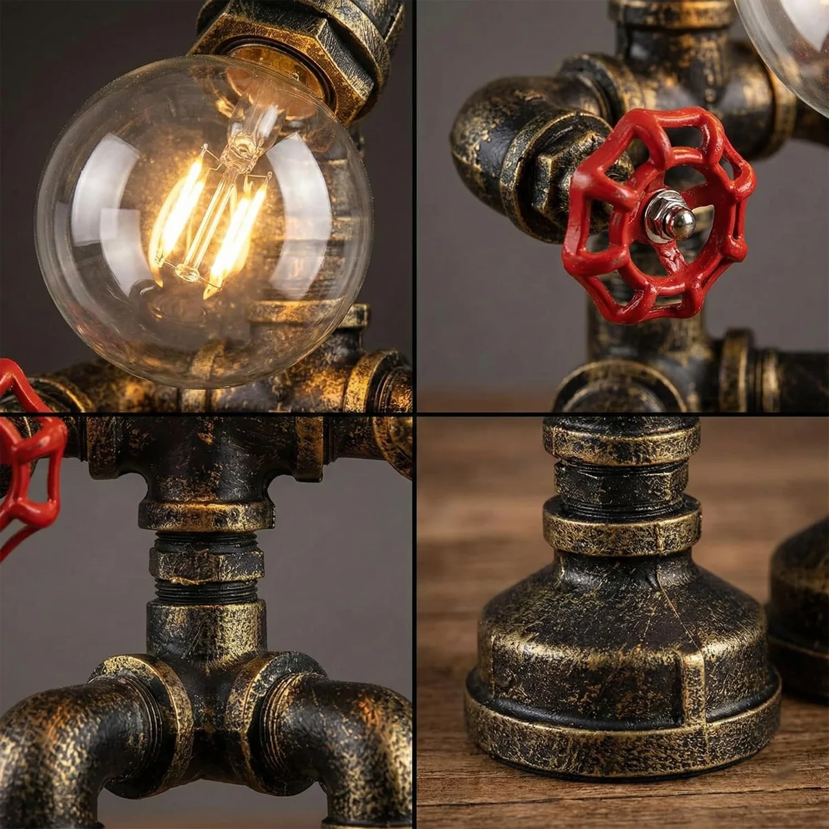 Steampunk table lamp with black metal water pipe base, red valve detail, and black umbrella-style lampshade on desk