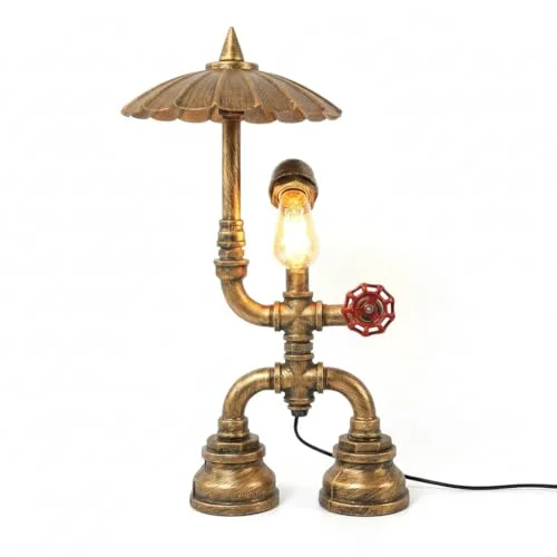 Steampunk table lamp with black metal water pipe base, red valve, and umbrella-style lampshade on wooden surface