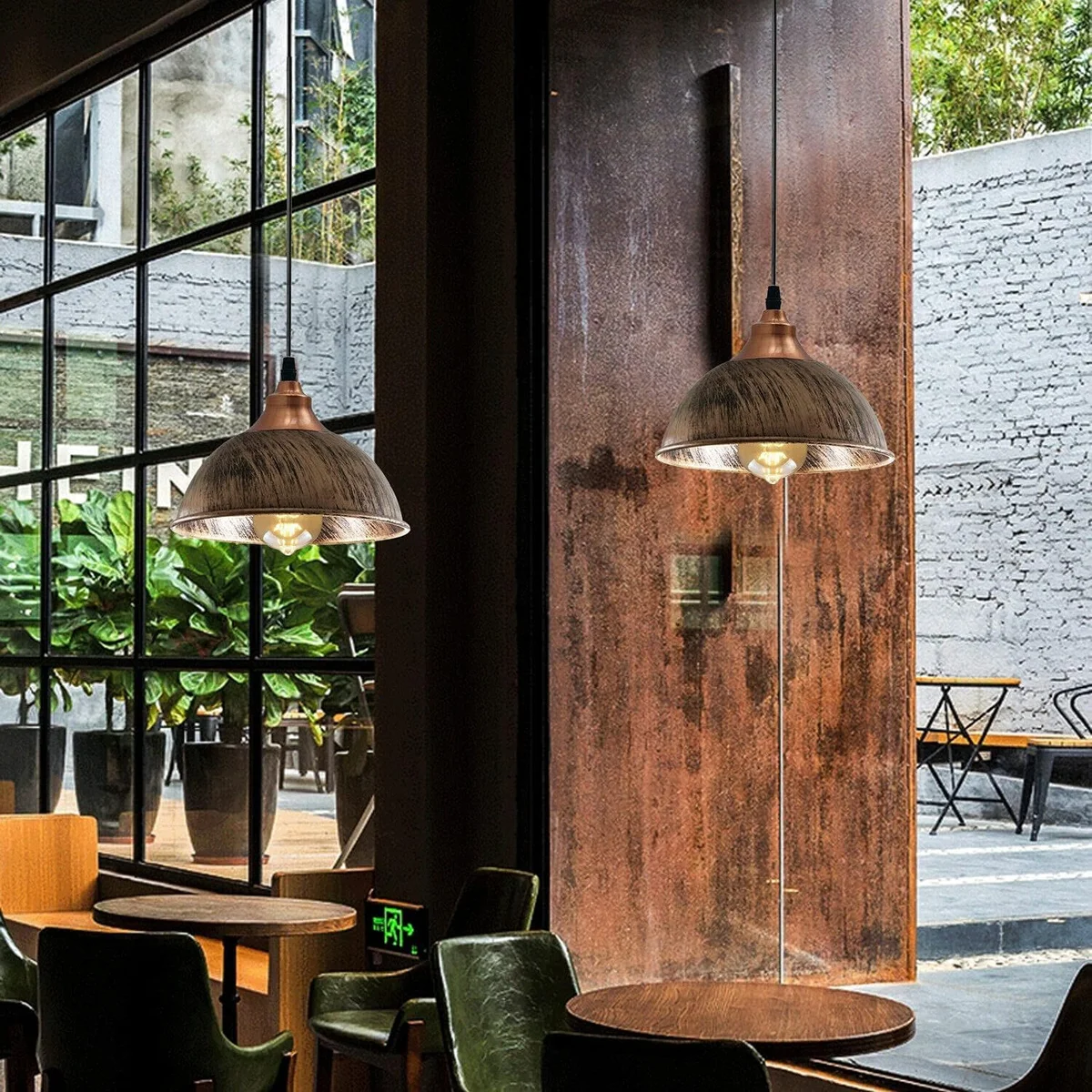 Industrial copper pendant light with retro metal ceiling shade in brushed copper finish hanging against white background