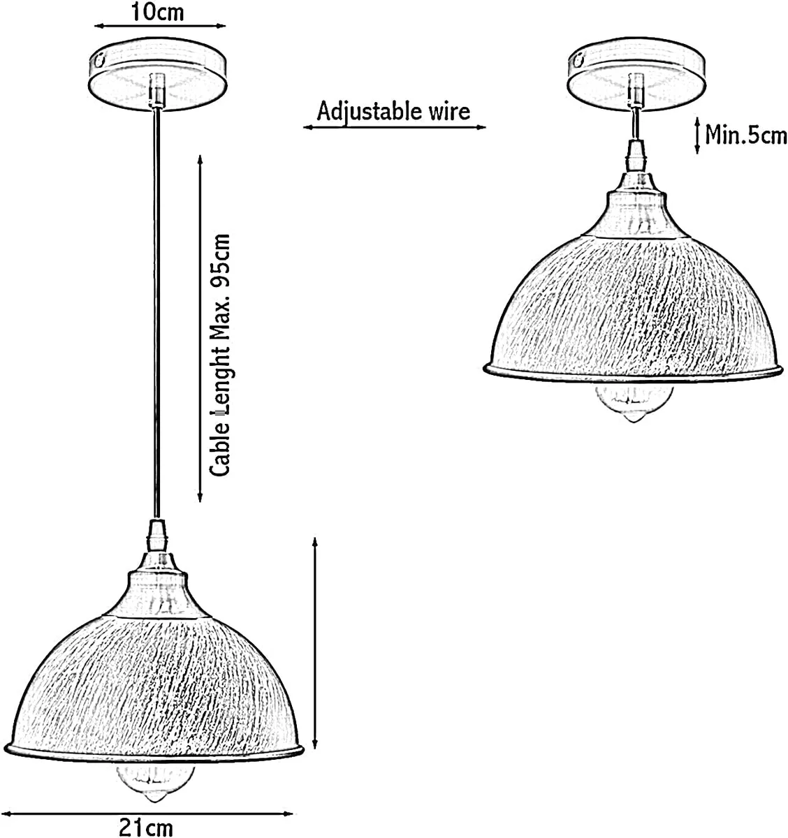 Brushed copper ceiling light with retro metal pendant shade hanging against white background, showing E27 holder and wire details