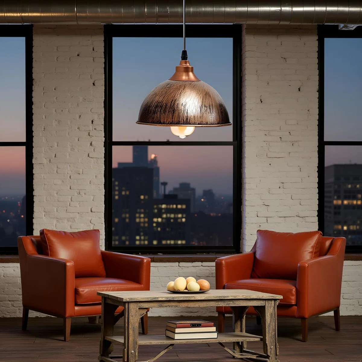 Brushed copper metal pendant lamp with retro ceiling shade, shown hanging in a modern living room setting