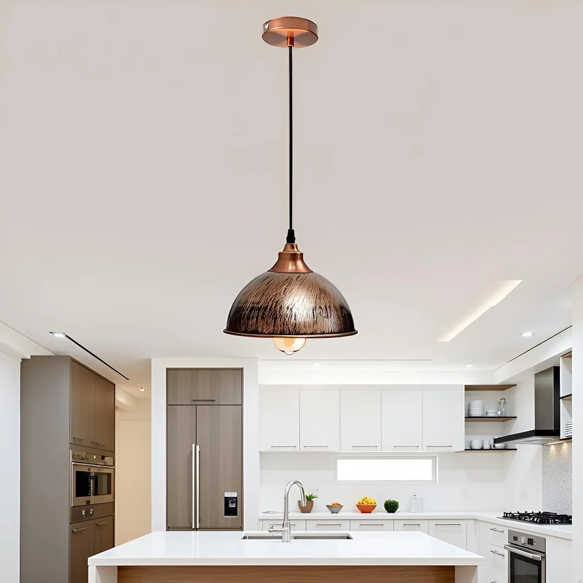 Industrial copper pendant light with retro metal ceiling shade, showing brushed copper finish and E27 holder details