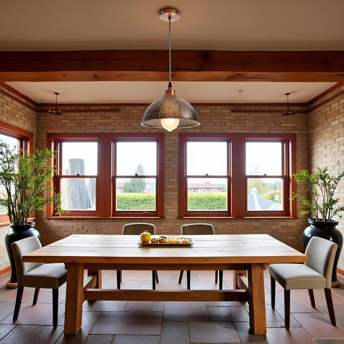 Industrial copper pendant light with retro metal ceiling shade in brushed copper finish hanging against white background