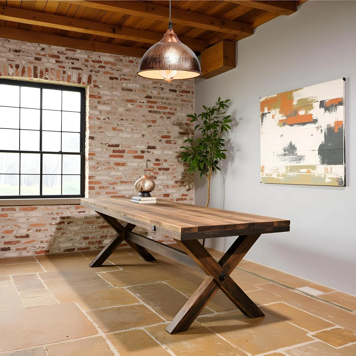 Industrial copper pendant light with retro metal ceiling shade hanging in a modern living room setting