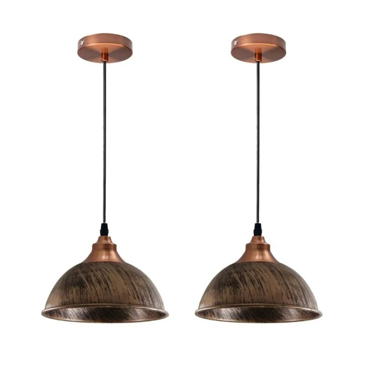 Industrial copper pendant light with retro metal ceiling shade, shown lit in modern living room setting
