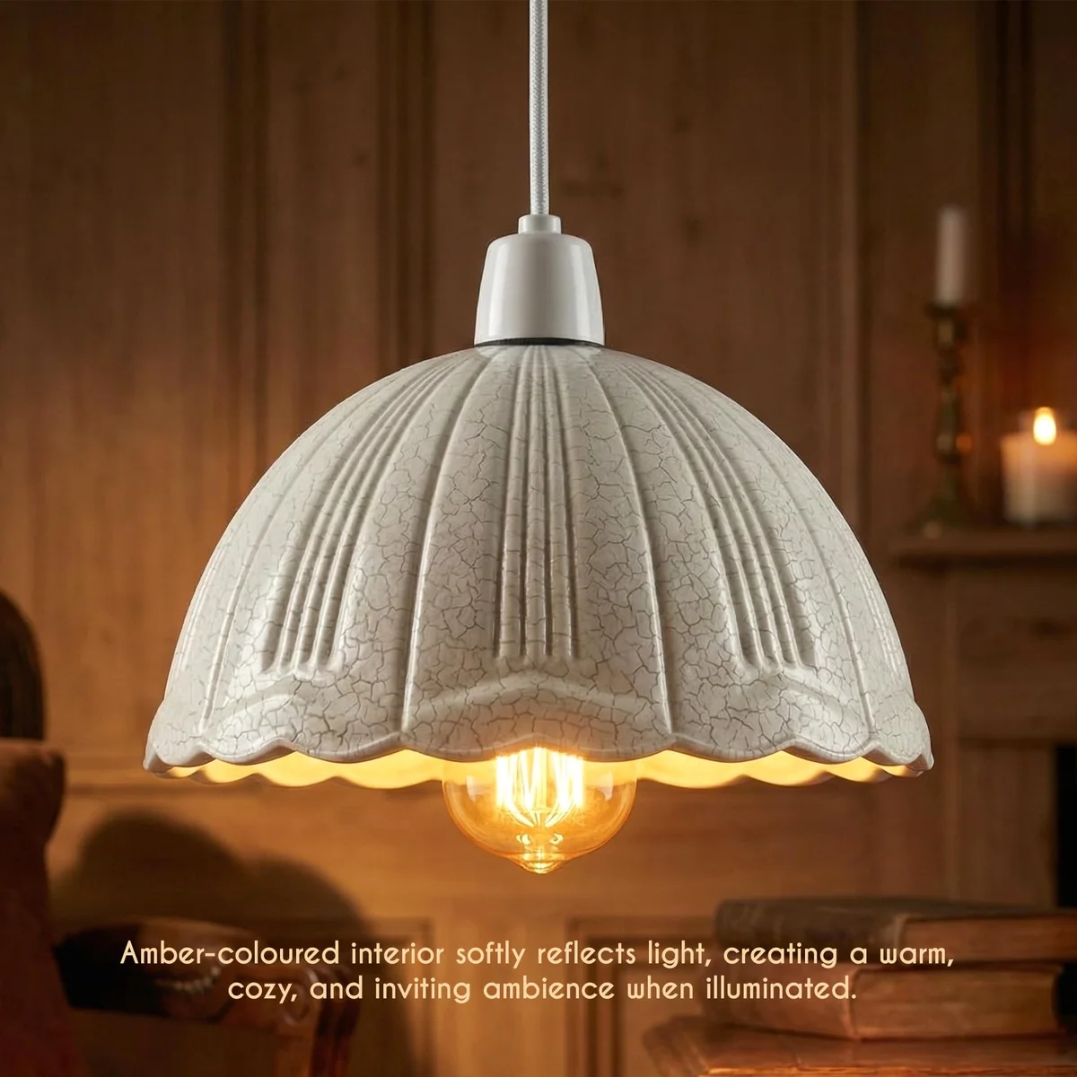 White crackle glass lamp shade with scalloped edges, vintage style, easy fit E27 lamp shade for ceiling lights