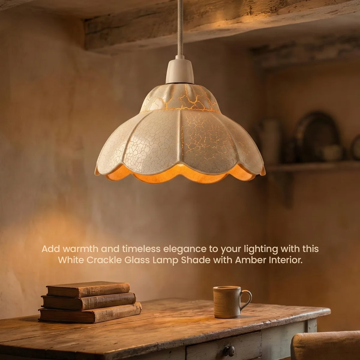 White crackle glass lamp shade with vintage scalloped edge, 18cm diameter, designed for E27 bulb fittings