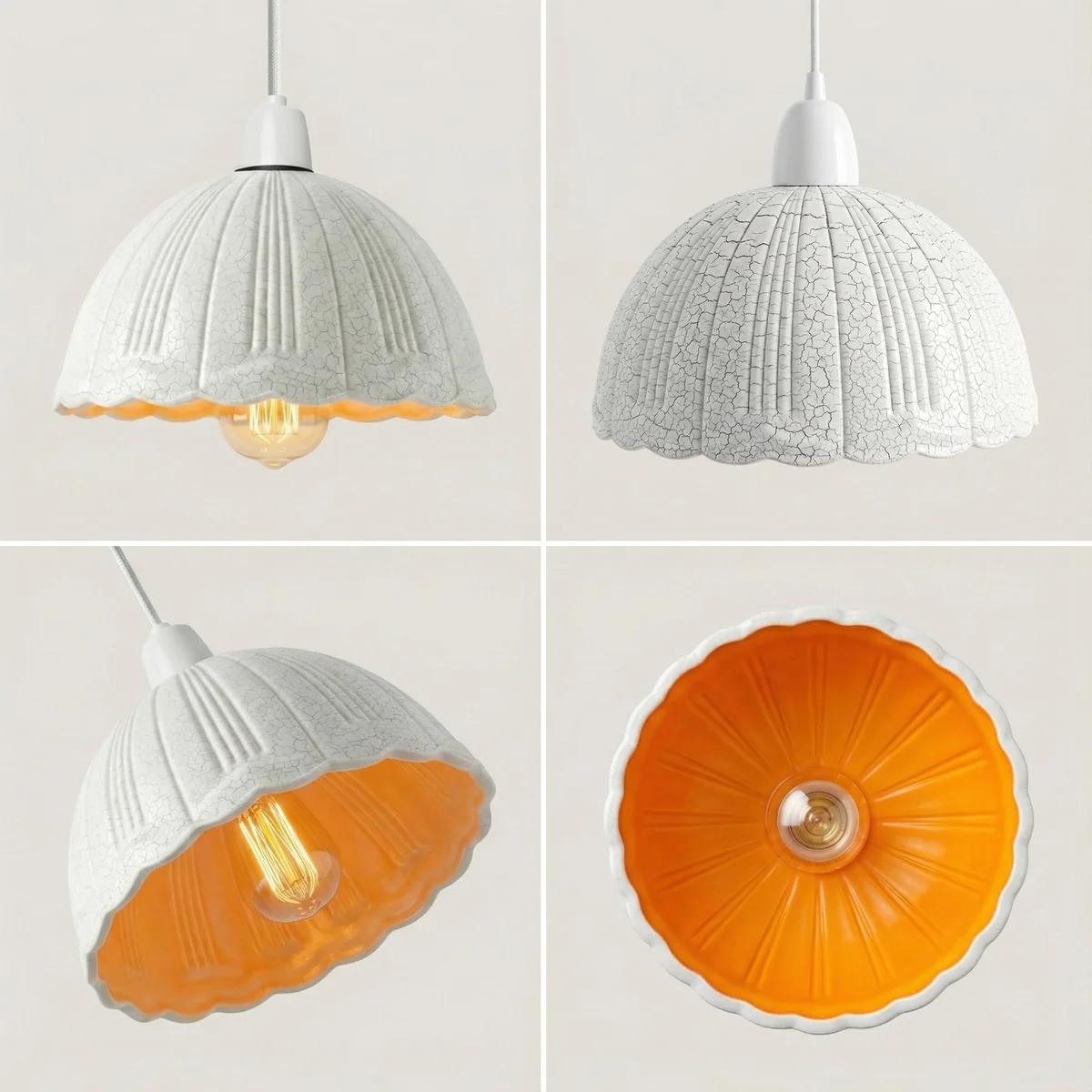 White crackle glass lamp shade with vintage scalloped edges, 18cm diameter, for E27 bulb fitting, shown from side angle