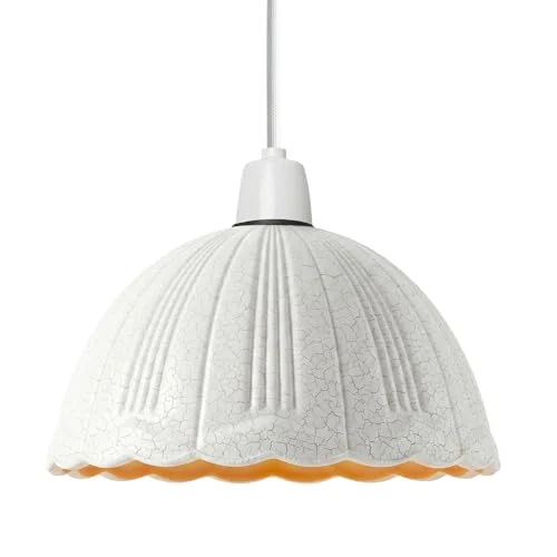 White vintage crackle glass lamp shade with scalloped edges, 18cm diameter, designed for E27 bulb fitting