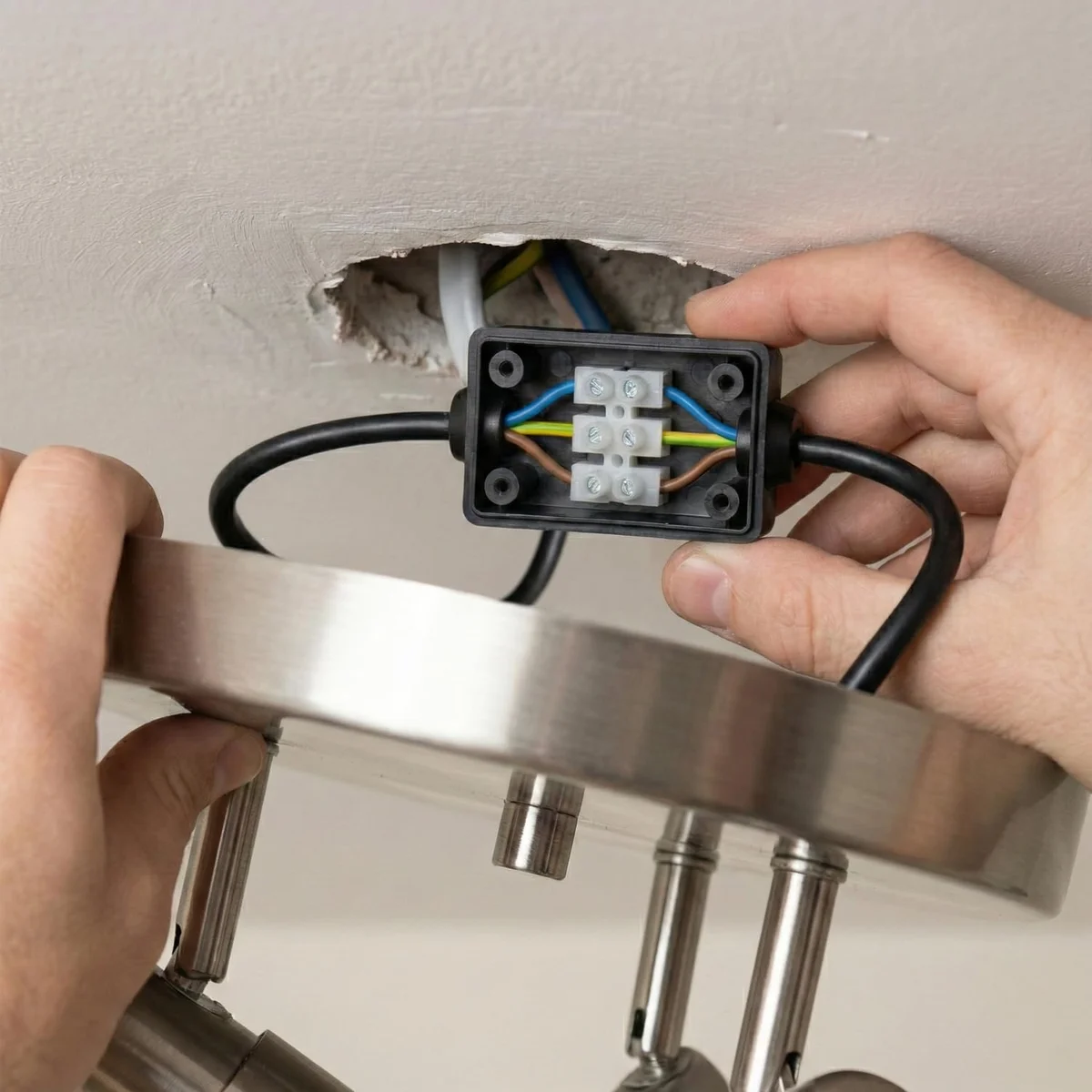 Black IP44 junction box with 3-core terminal block and cover plate, compact 50x32x20mm polypropylene housing