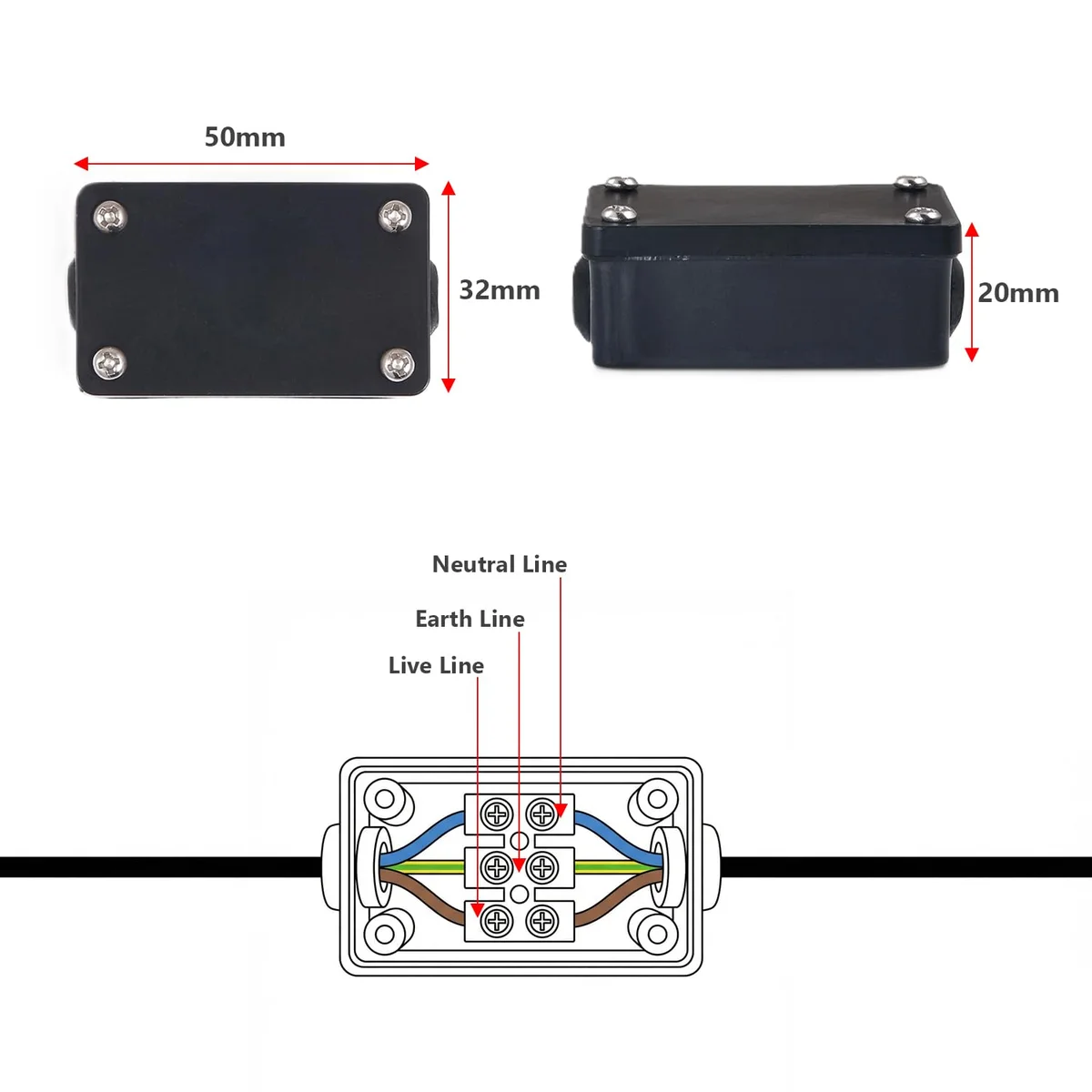 Black IP44 junction box with 3-core terminal block and mounting screws for indoor and outdoor wiring installations