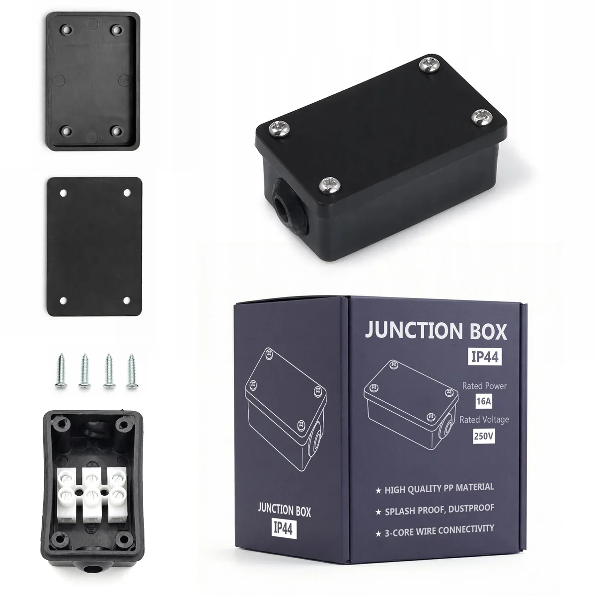 Black dustproof junction box with 3-core terminal block and mounting screws, compact polypropylene design for wiring installations