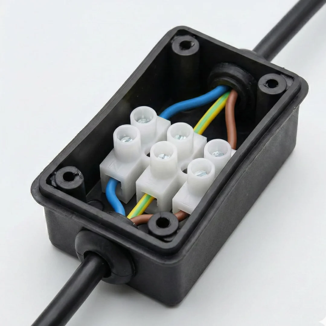 Black polypropylene junction box with 3-core terminal block and cover plate, compact size for indoor and outdoor use