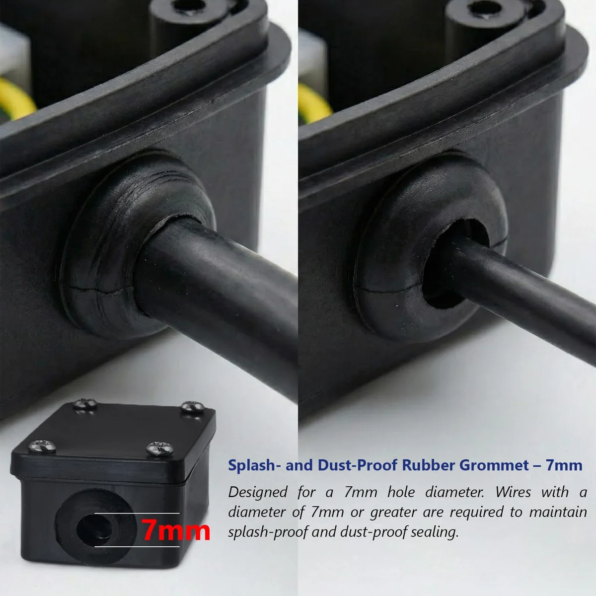 Black IP44 junction box with 3-core terminal block and cover plate, compact design for indoor and outdoor use