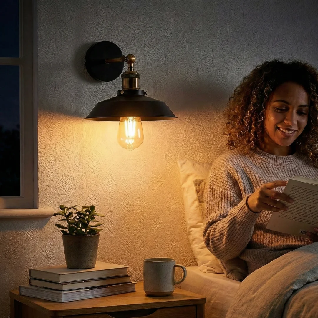 Metal industrial wall light with vintage-style matte metal lampshade and E27 fitting mounted on white wall