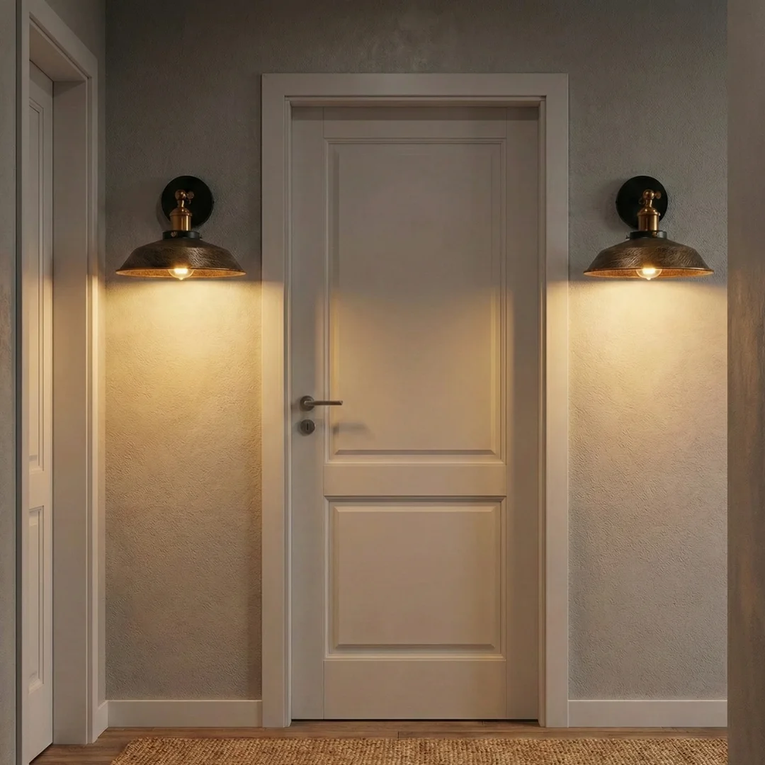 Industrial style metal wall sconce with matte finish and E27 lamp holder, mounted on a white wall indoors