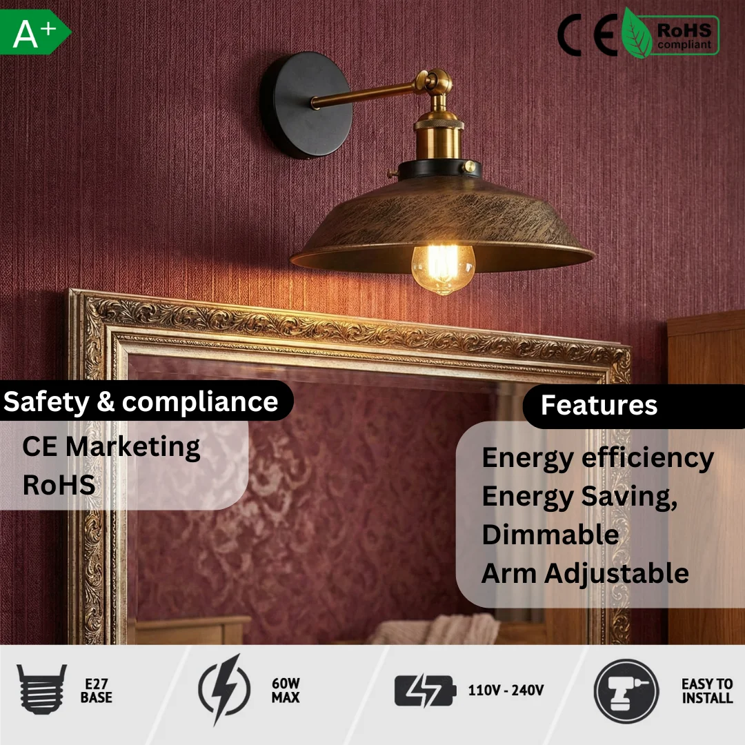 Vintage wall sconce with matte metal lampshade mounted on a wall, showing industrial style and E27 fitting details