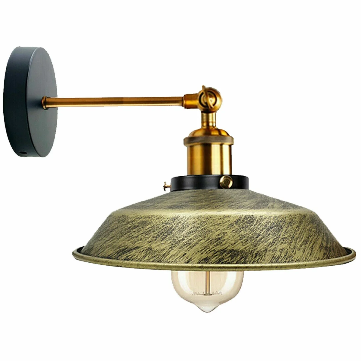 Rustic wall light with metal lampshade and E27 fitting mounted on a white wall in industrial vintage style