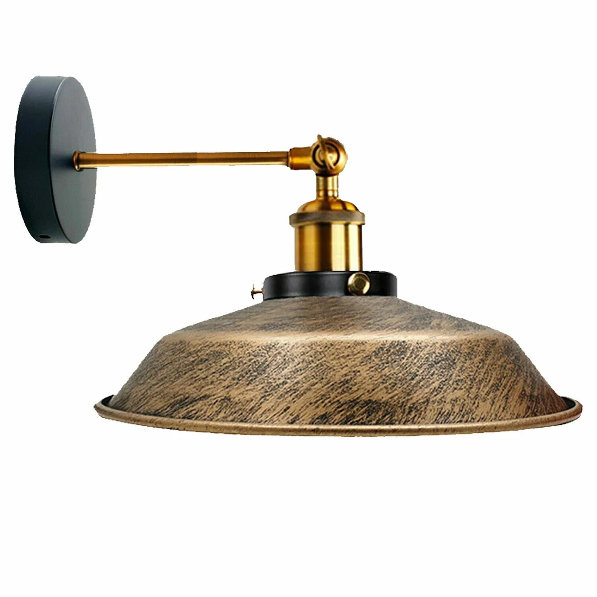 Metal industrial wall light with matte metal lampshade and E27 fitting mounted on a white wall indoors