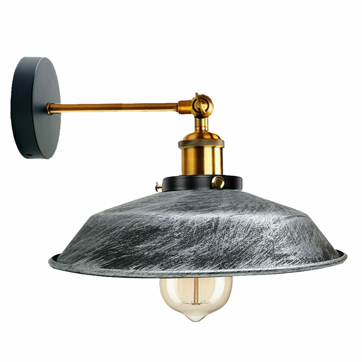 Industrial wall light with matte metal lampshade mounted on a white wall, showcasing vintage industrial design style