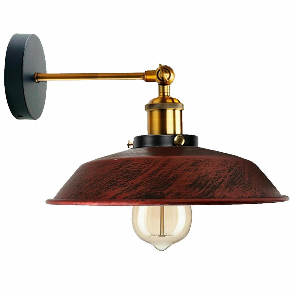 Industrial wall light with matte metal lampshade and E27 fitting mounted on a white indoor wall