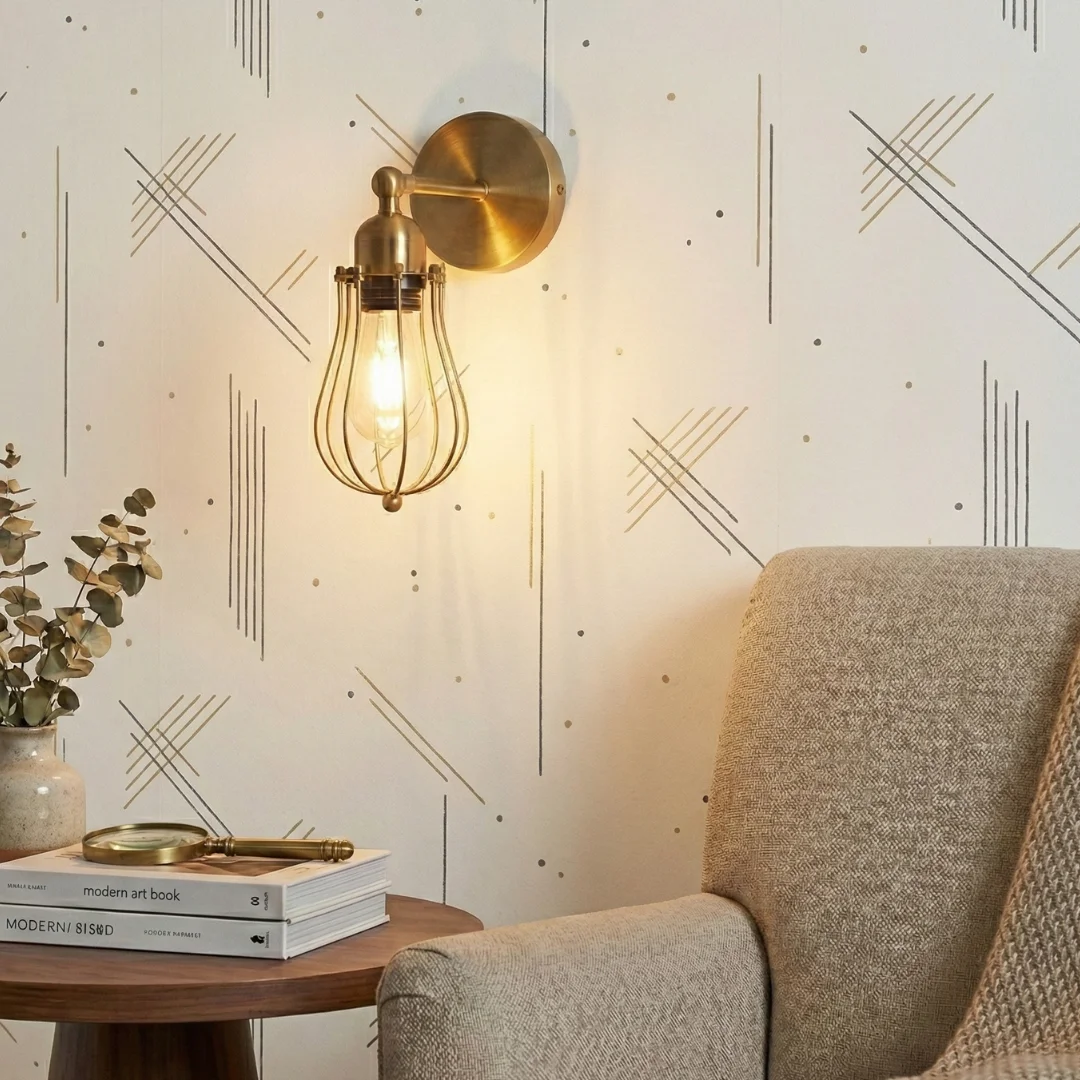 Rust-colored industrial wall sconce with adjustable arm and wire cage design, E27 bulb holder, metal finish