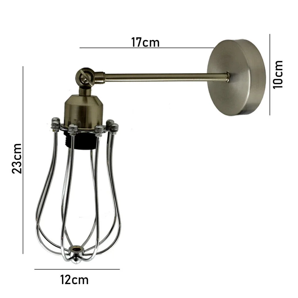 Rust-colored industrial adjustable wall lamp with wire cage shade and E27 bulb holder mounted on a wall