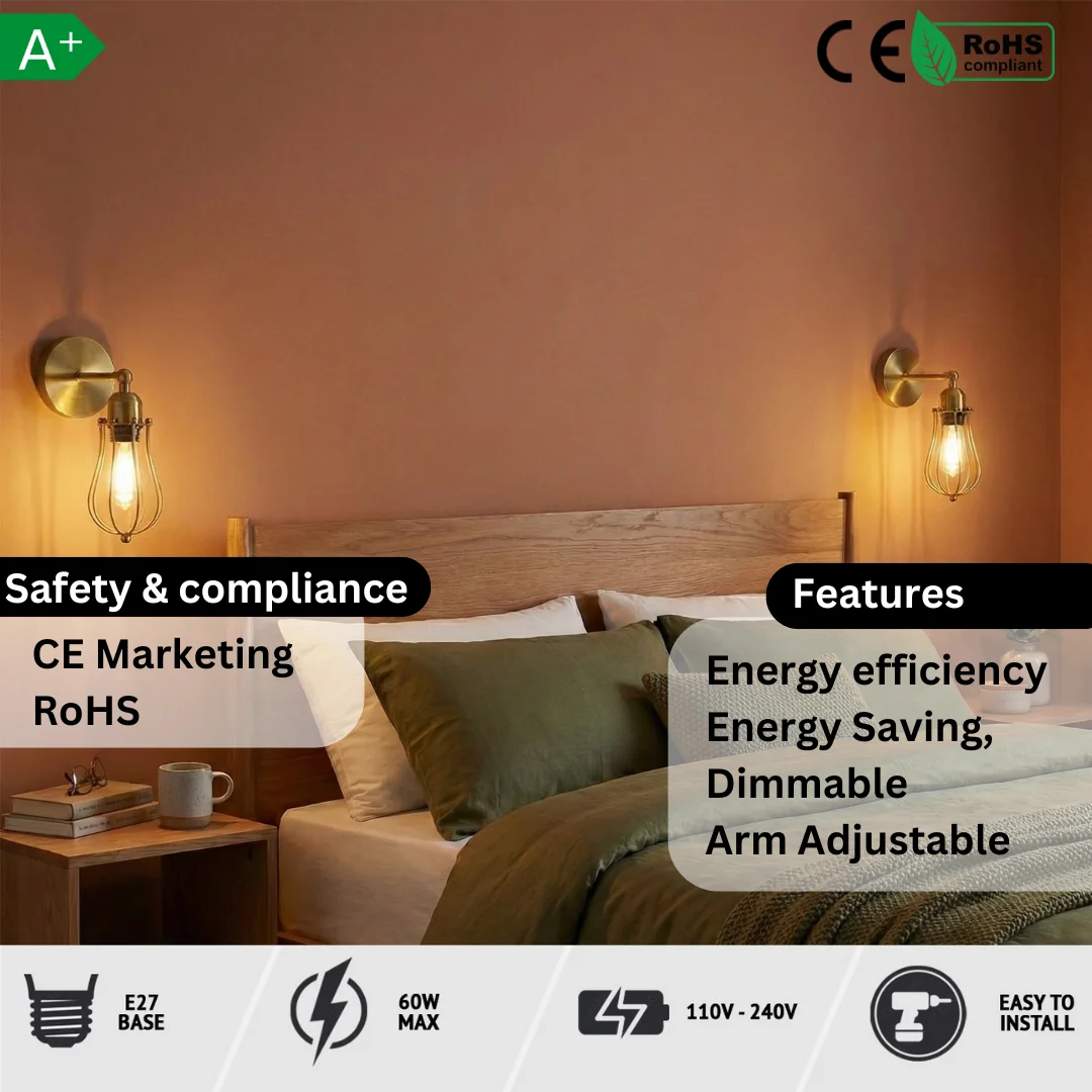 Adjustable metal cage wall light with rust finish and E27 bulb holder, vintage industrial style fixture on white background