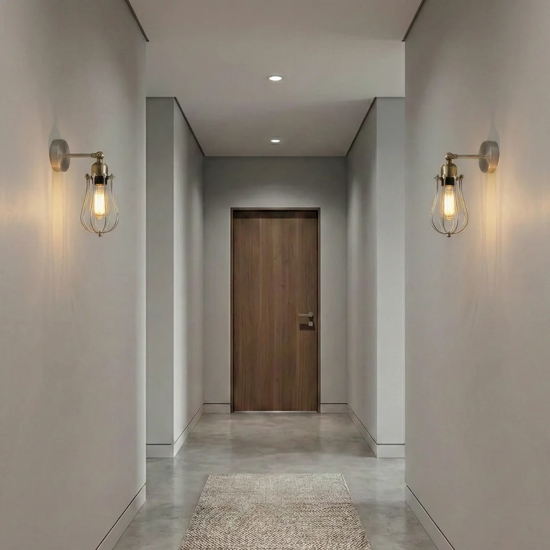 Rust finish wire cage wall sconce with adjustable arm, showcasing vintage style lighting for industrial decor