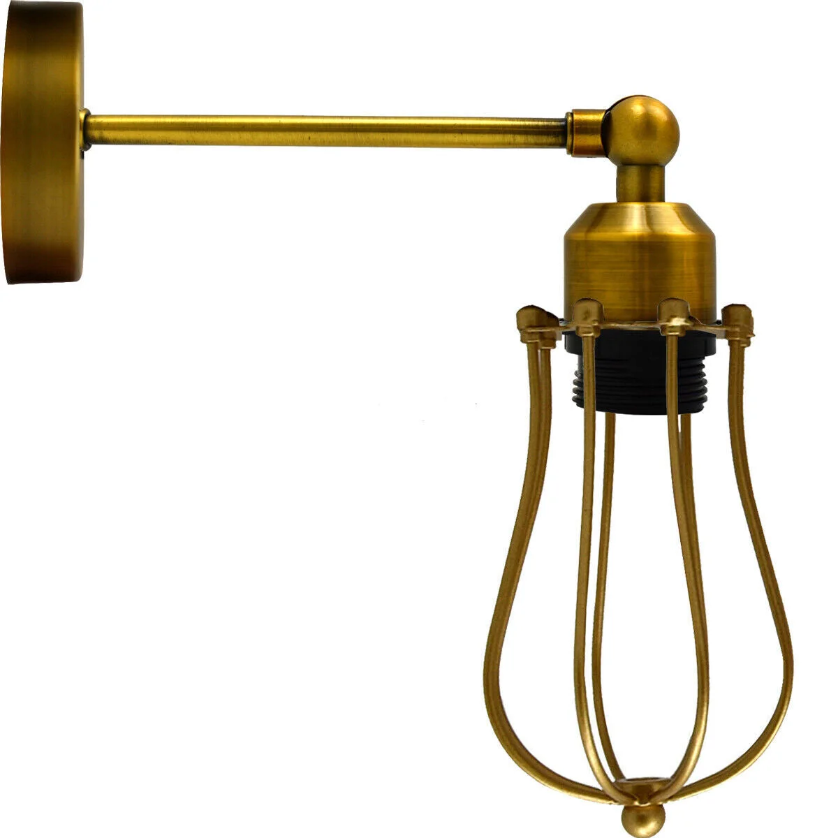 Rust metal wire cage E27 wall light fitting with adjustable arm and vintage industrial design mounted on white wall