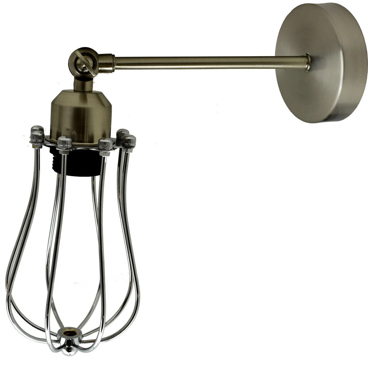 Rust finish wall sconce with adjustable arm and wire cage design, metal iron construction, no bulb included, vintage style