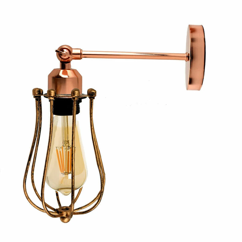 Rust finish industrial wall sconce with adjustable arm and wire metal cage, E27 bulb holder, no bulb included