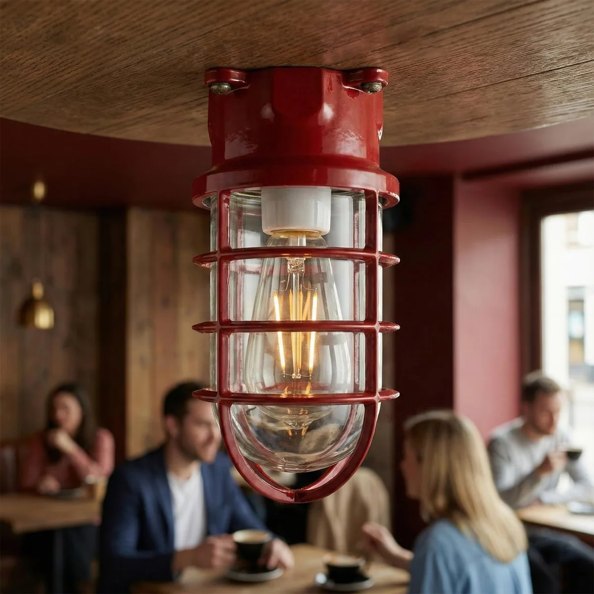 Nautical bulkhead light with metal wire cage and ribbed glass lens, flush mount ceiling fixture with E27 socket