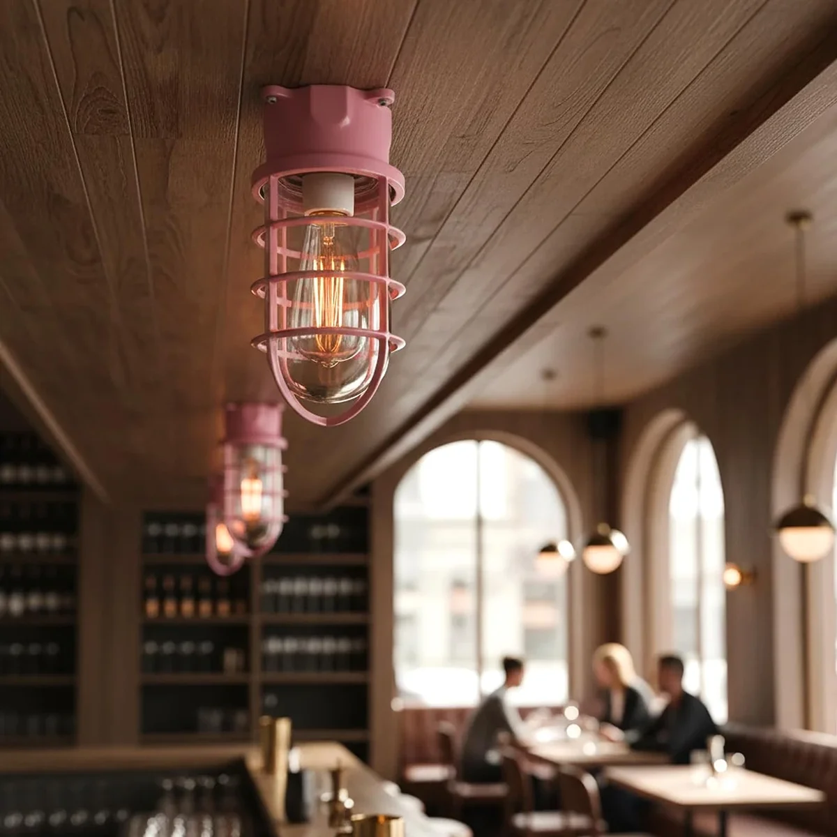 Industrial nautical flush mount ceiling light with wire cage and ribbed glass lens, designed for E27 bulbs, 23cm diameter