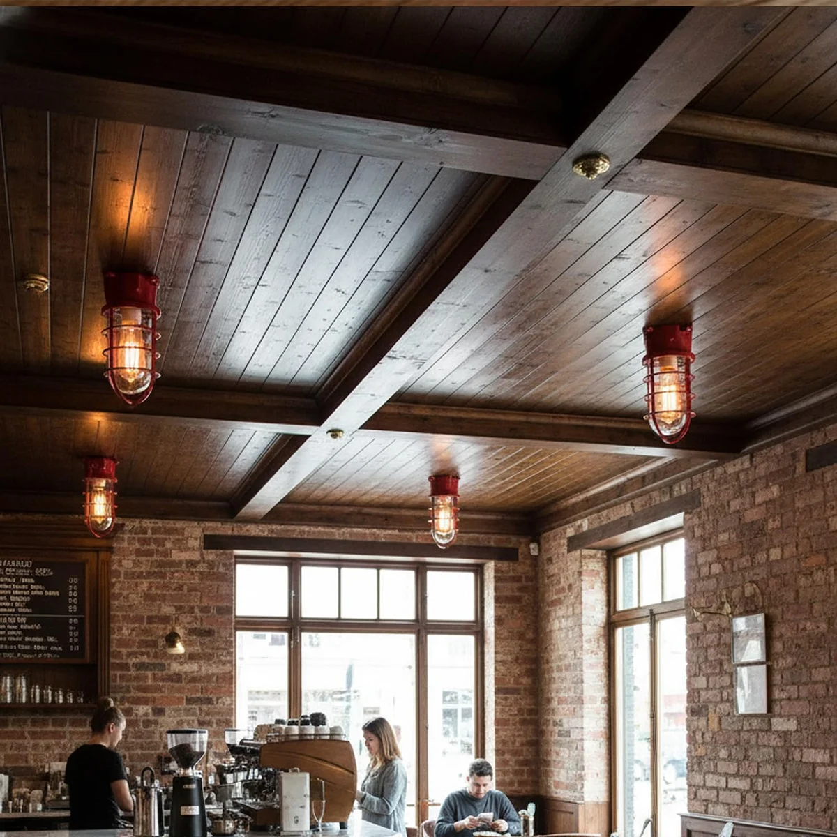 Industrial nautical bulkhead light with wire cage and ribbed glass, designed as an E27 bulb ceiling light flush mount.