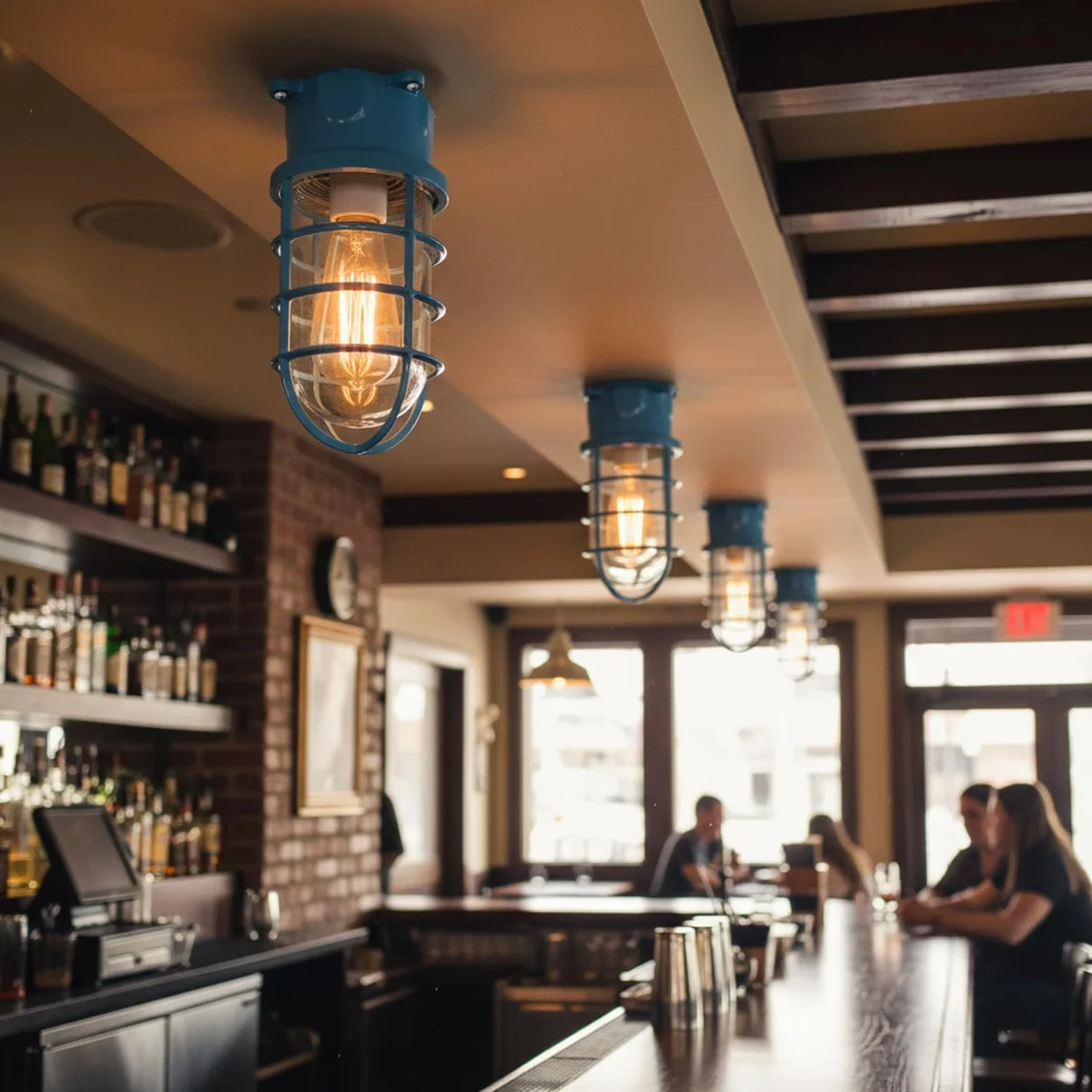 Flush mount marine style light with metal wire cage and ribbed glass lens, ideal for industrial or farmhouse decor