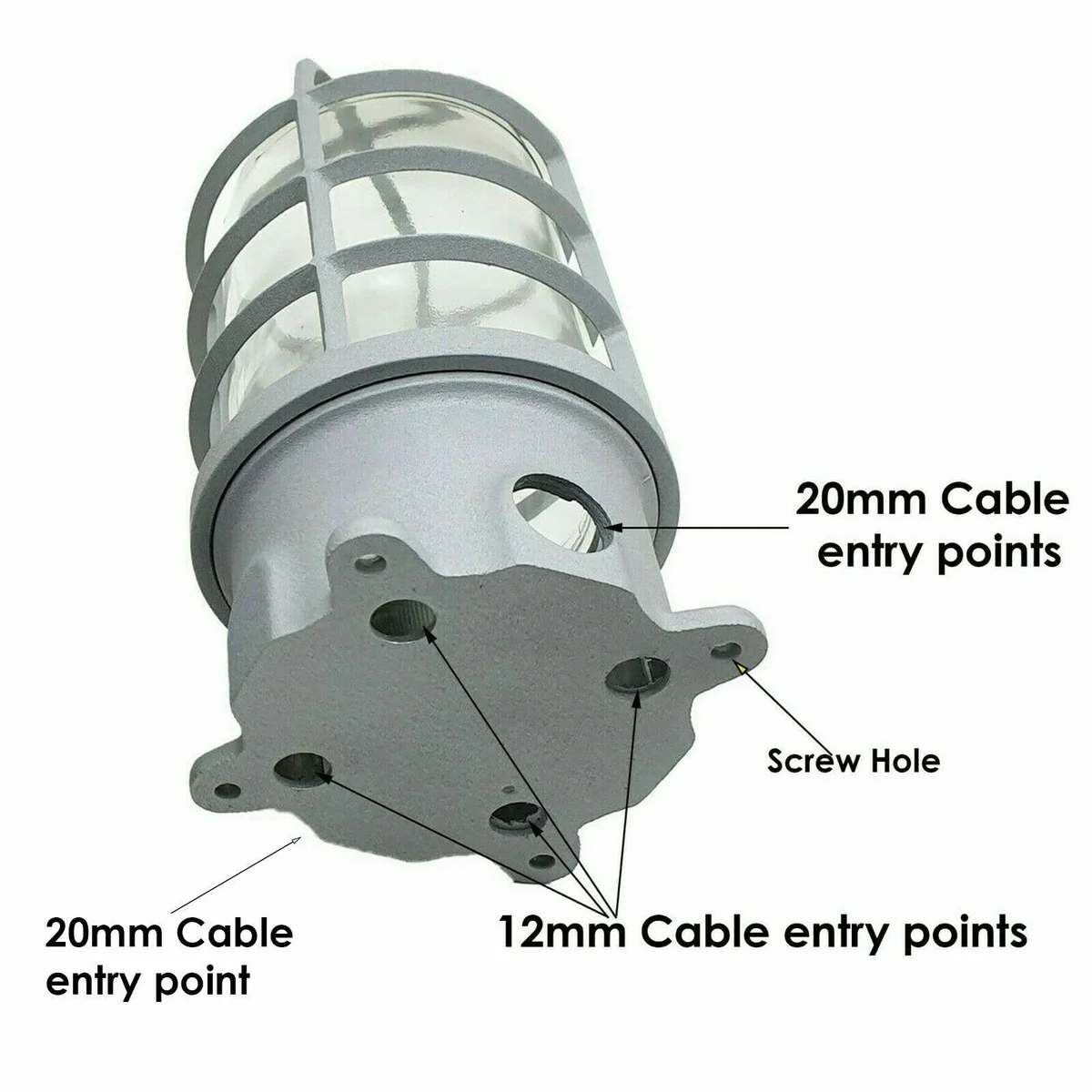 Industrial nautical wire cage light with ribbed glass lens and metal housing flush mounted on ceiling