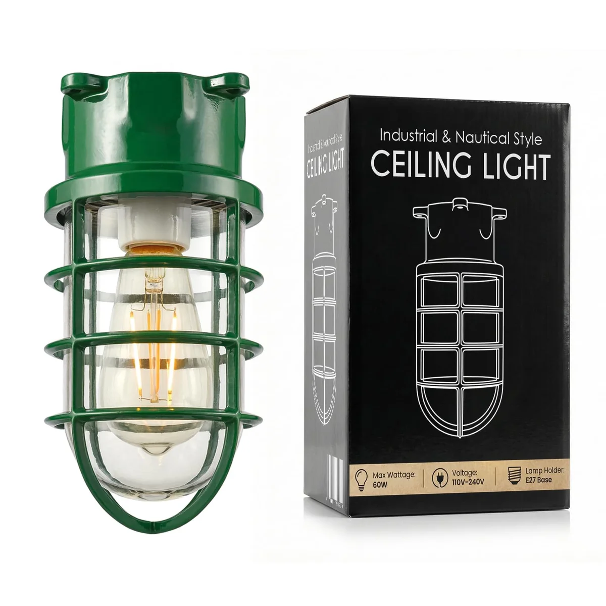 Nautical bulkhead light with metal wire cage, ribbed glass lens, and flush mount design in industrial style