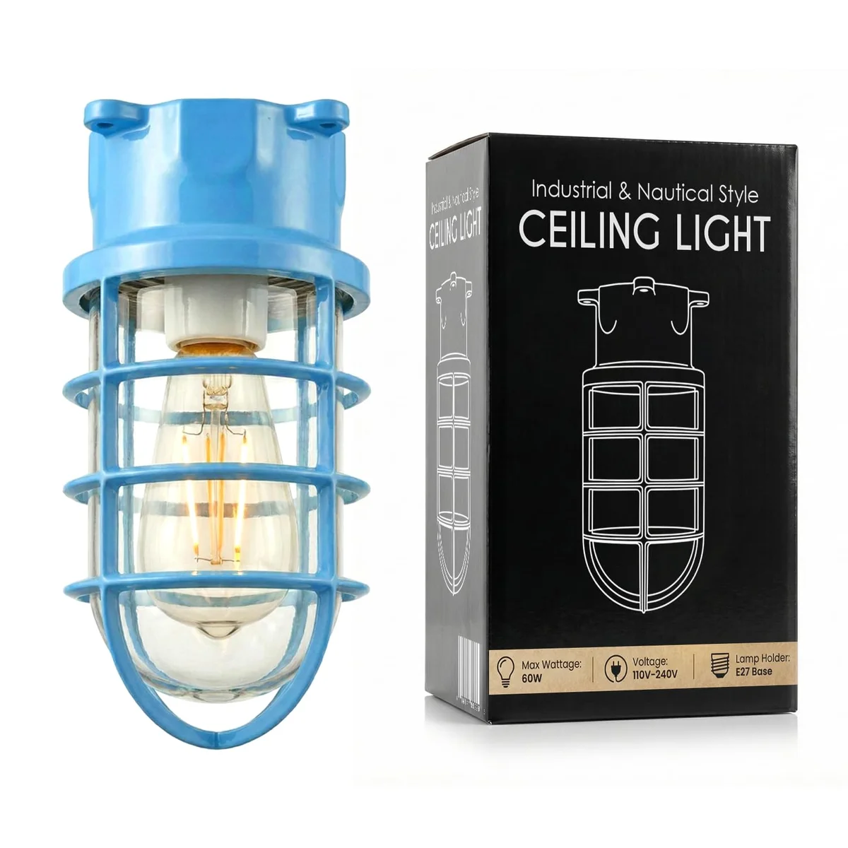 Nautical bulkhead light with metal wire cage and ribbed glass lens flush mounted on ceiling in industrial style